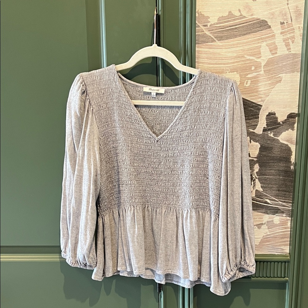 Madewell Light Gray Smocked V-Neck Blouse